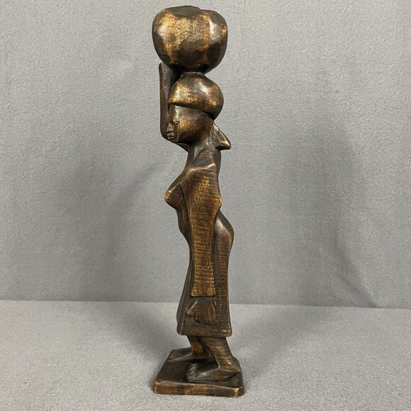 Vintage African Hand Carved Wood Folk Art Tribal Statue Woman Carrying Water - Picture 2 of 14
